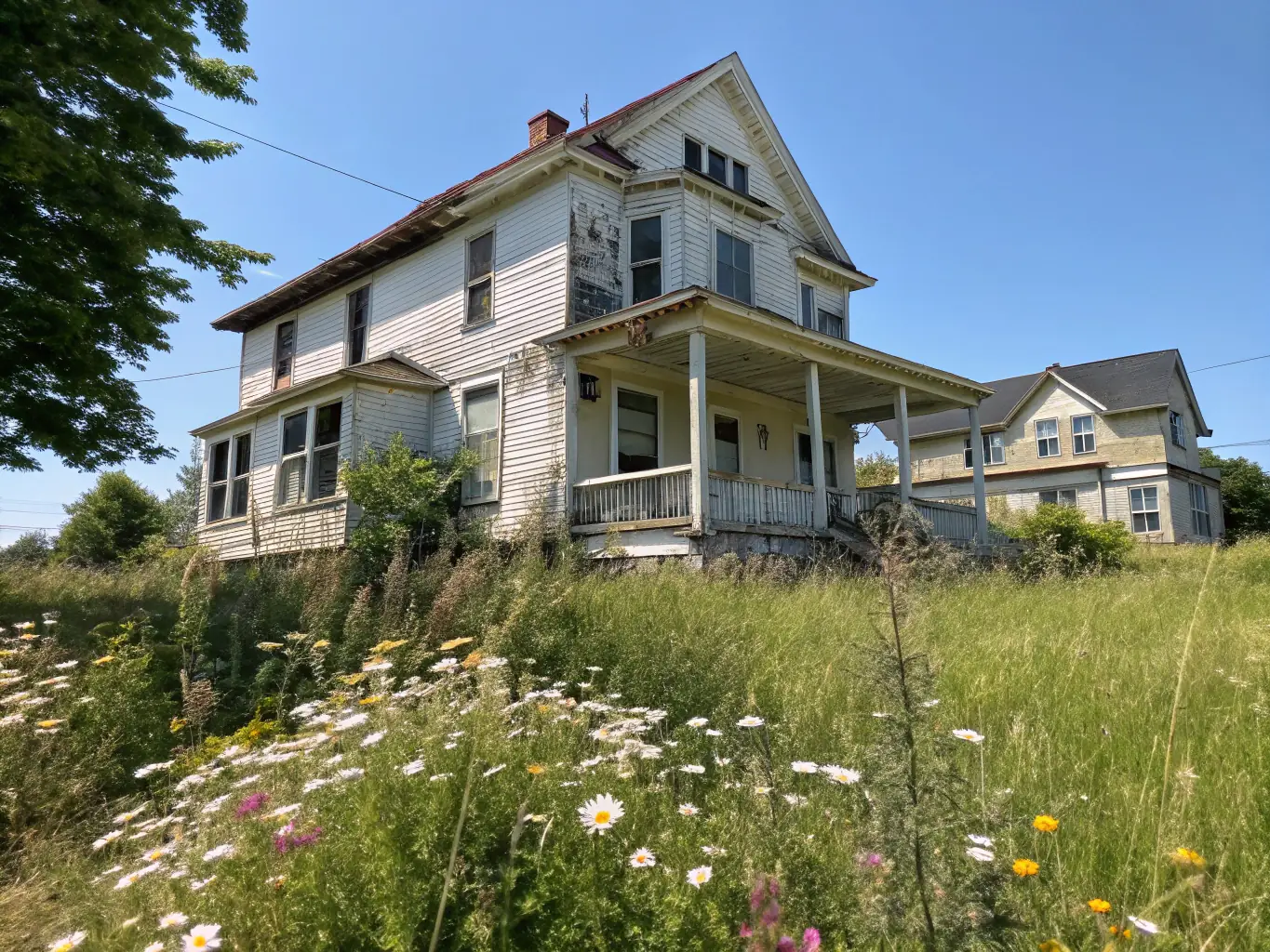 A distressed property with overgrown lawn and visible code violation notices attached to the front door, symbolizing the challenges homeowners face with code violations.